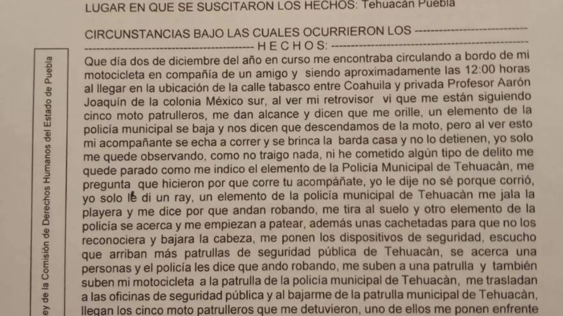 Acusa ciudadano abuso de autoridad en Tehuacán e interpone queja en la CDH-Puebla